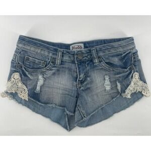 Mudd Lace Trim Denim Shorts Light Wash Frayed Hem Jr Sz 3 Boho Cutoffs Booty 28W